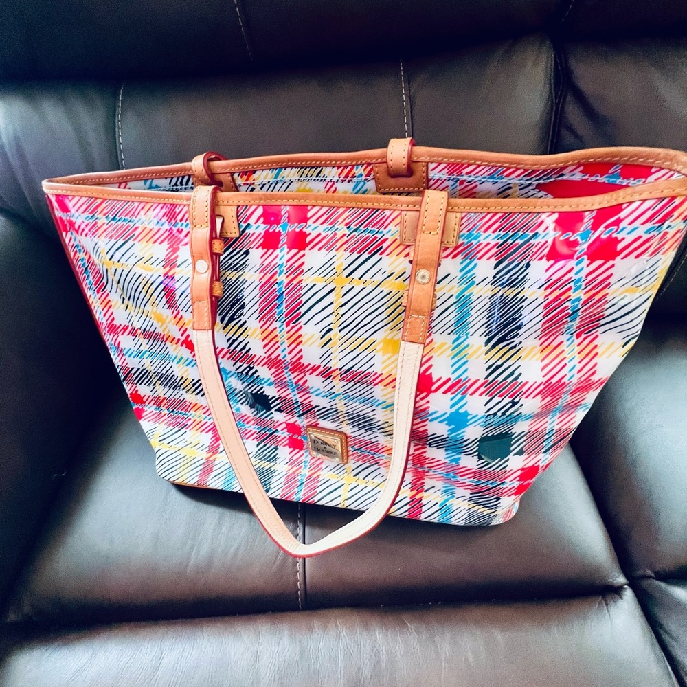 Dooney & Bourke Colorful Plaid Tote with Tan Accents